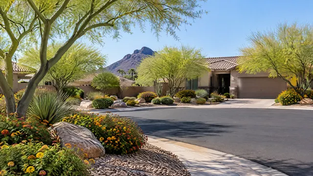 South Tempe cul-de-sac with neat desert landscaping, palo verde trees, boulders and colorful lantana