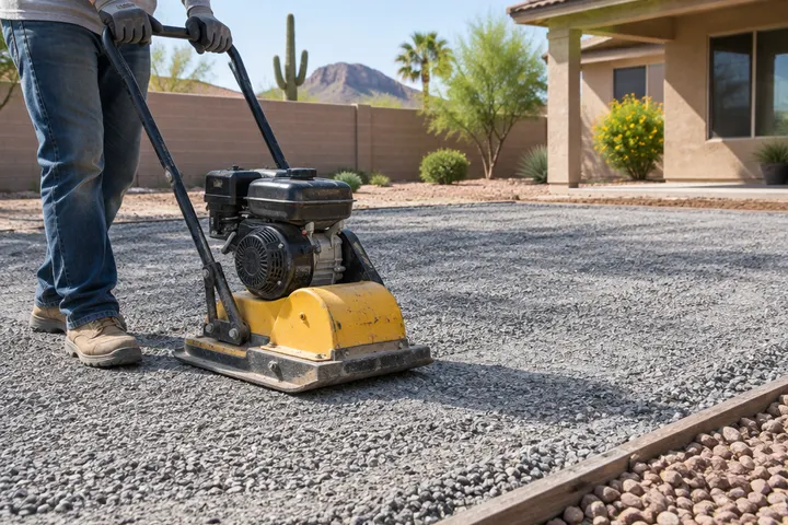 Compacted crushed-rock base being leveled with a plate compactor before turf installation