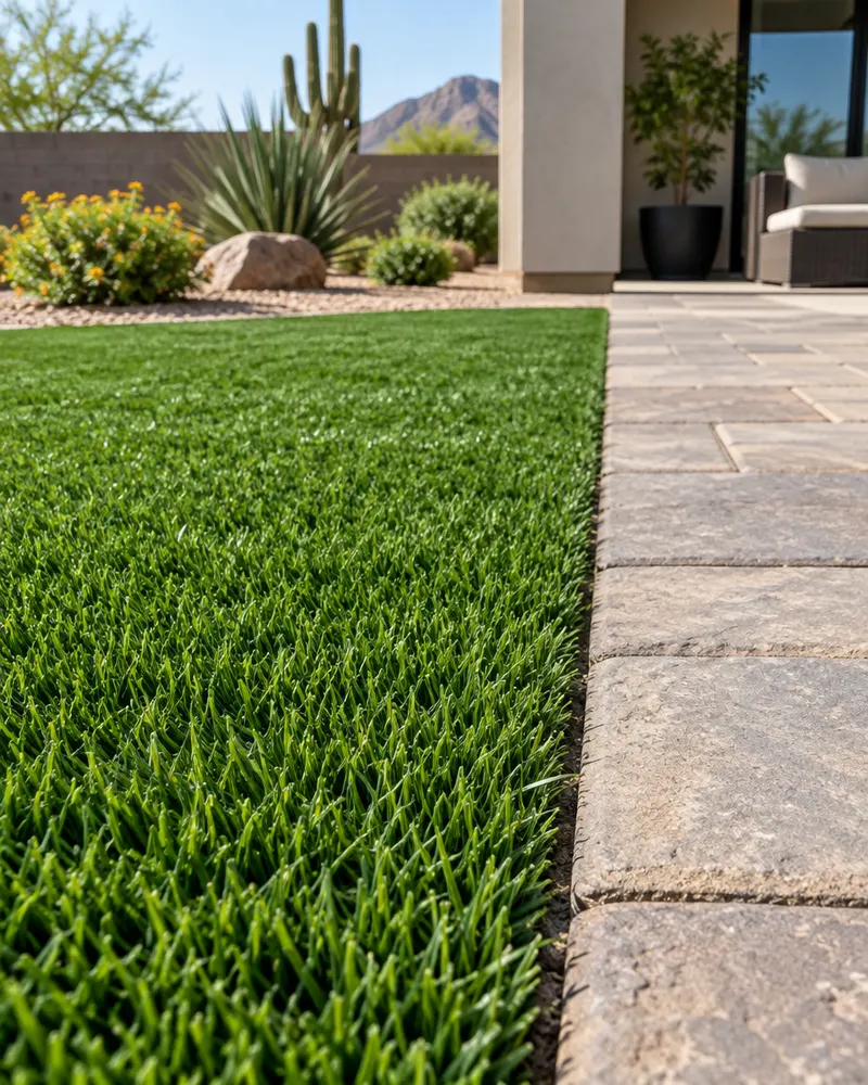 Close-up of realistic artificial turf blades with a clean seam and paver edge