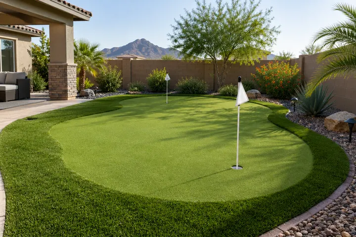 Backyard artificial putting green with a flag and fringe turf