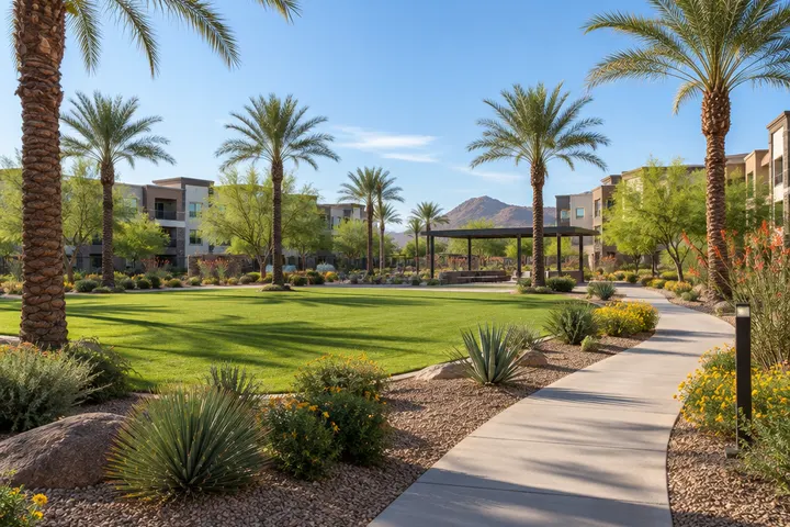 HOA common area with a turf park, palm trees, desert planting beds and a walking path in a Tempe community