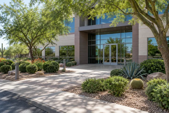 Office building entrance with neatly maintained desert landscaping and shade trees