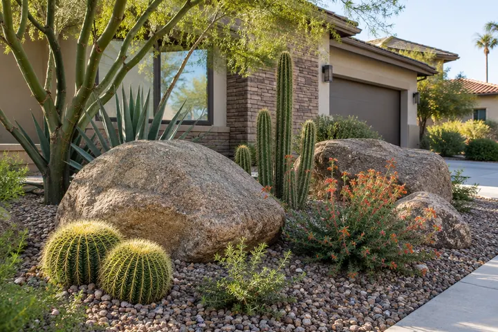 Arrangement of natural boulders and accent cactus in a front yard