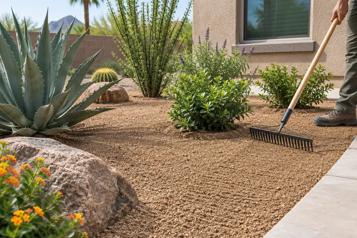 Fresh layer of decomposed granite being raked smooth around plants