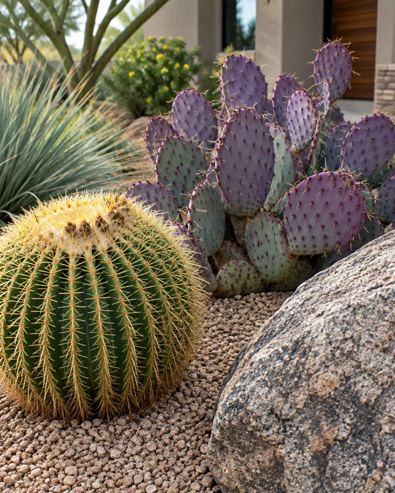 Close-up of a golden barrel cactus and purple prickly pear in decomposed granite with a boulder