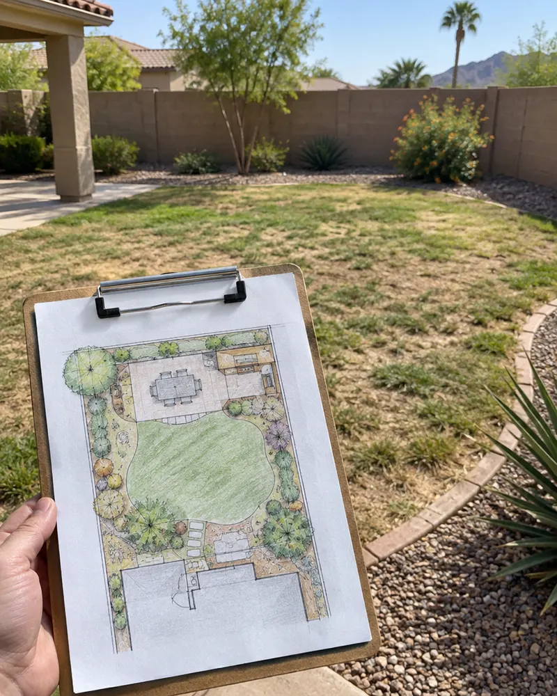 Landscaper's design sketch of a backyard plan on a clipboard held in front of a Tempe yard with a struggling lawn