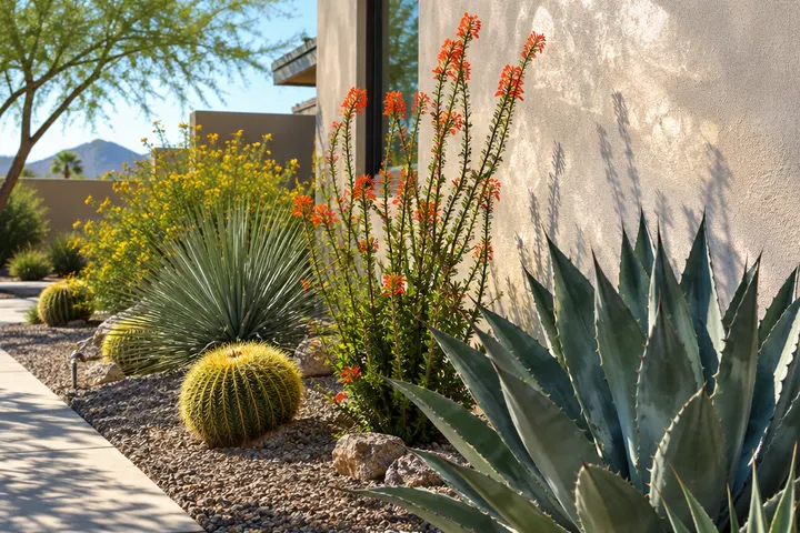 Heat-tolerant desert plants thriving in summer sun beside a reflective stucco wall