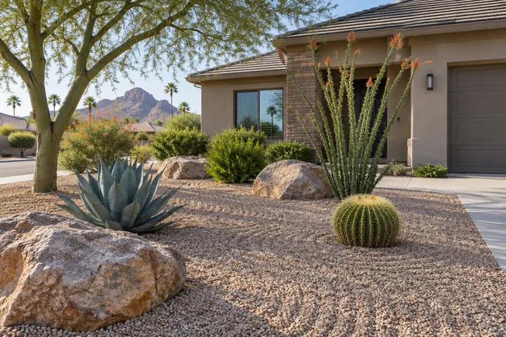 Tidy low-maintenance front yard with gravel, boulders and a few sculptural plants, freshly raked