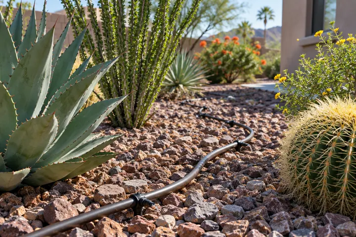 Drip irrigation line with emitters snaking through rock mulch to desert plants