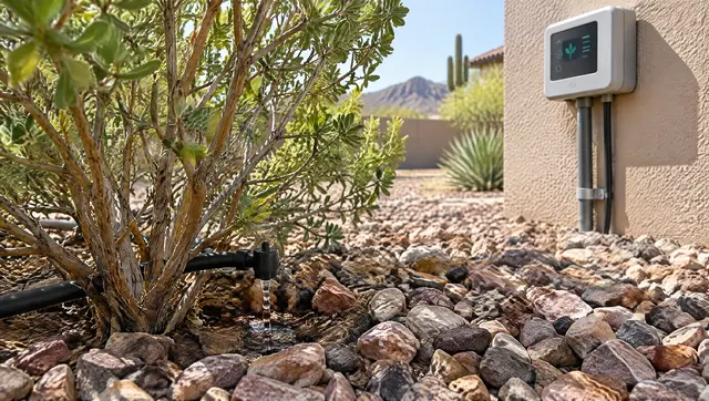 Close-up of a drip irrigation emitter watering the base of a desert shrub in rock mulch, with a smart irrigation controller on a wall nearby