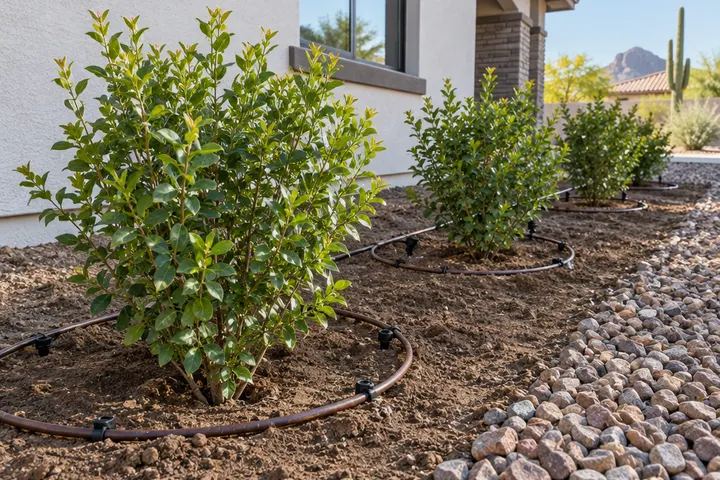 Drip tubing and emitters installed around new shrubs before rock mulch