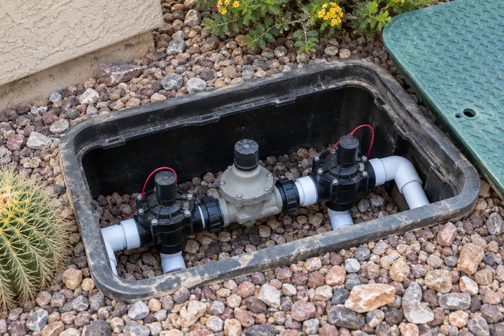 Open irrigation valve box showing new valves and a pressure regulator