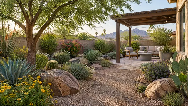 Newly installed backyard landscape in Tempe with layered desert plants, a shade tree, gravel paths, boulders and a small seating area under a pergola