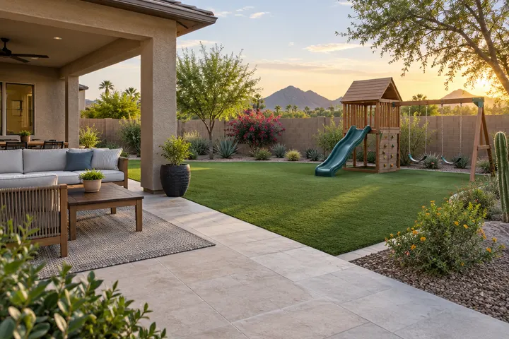 Family backyard with a turf play area, patio and planting beds