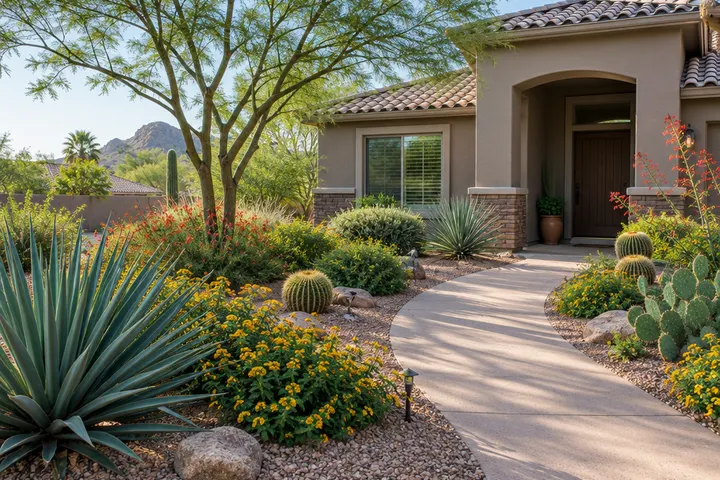Welcoming desert front yard with a curved walkway and layered plants