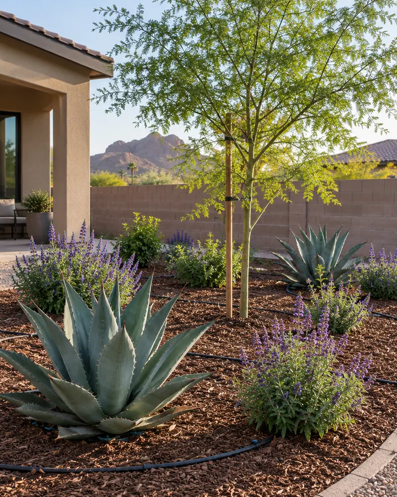 Freshly planted backyard bed with agave, salvia and a young mesquite tree, drip lines visible, mulch spread