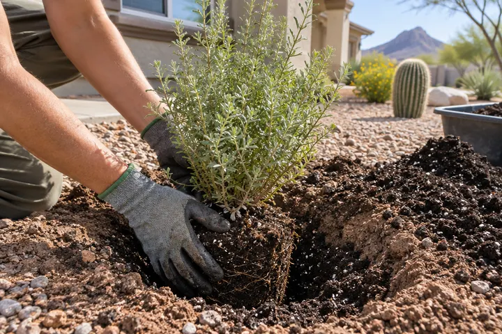 Gloved hands planting a desert shrub in a fresh hole with amended soil