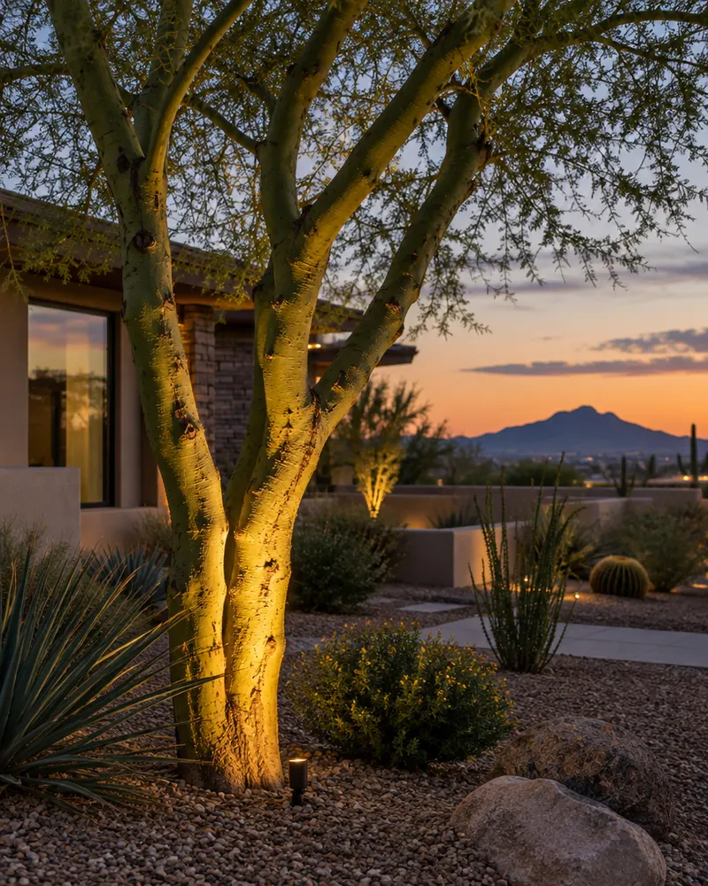 Warm uplight on a palo verde tree trunk at dusk