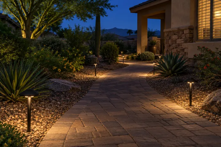 Low path lights along a paver walkway at night