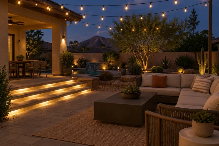 String lights and soft step lights on a backyard patio at night