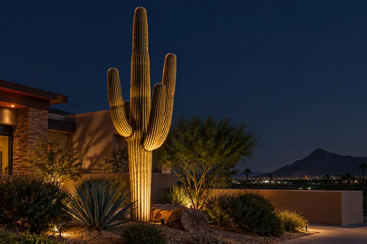 Saguaro cactus lit by a warm uplight against a dark sky