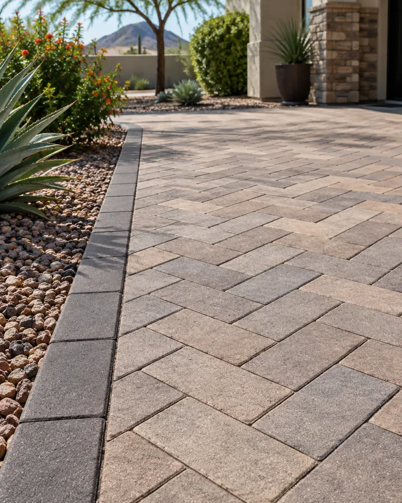 Close-up of interlocking pavers in a herringbone pattern with clean edge restraint