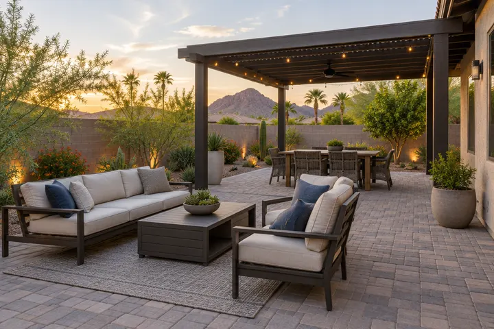 Paver patio with outdoor furniture and a pergola