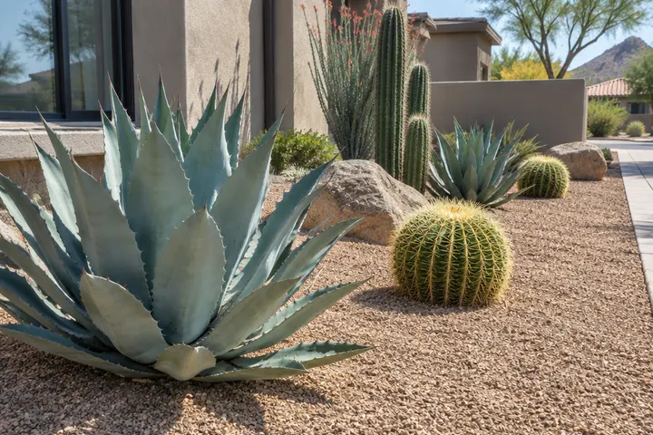 Weed-free decomposed granite bed around agave and cactus after a maintenance visit